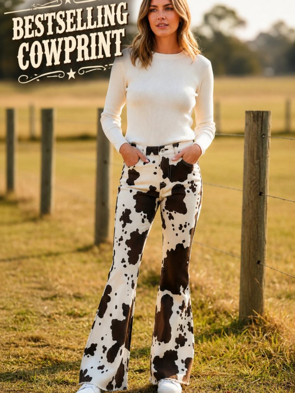 Cow Print Jeans Women | Western Bell Bottom Pants High Waisted Wide Leg